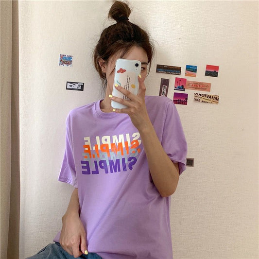 Pekanbaru Kaos Oversize Simple Lilac Putih Sablon Huruf Colorful Shadow T-shirt Aesthetic Unisex Polos Simpel Korean Style