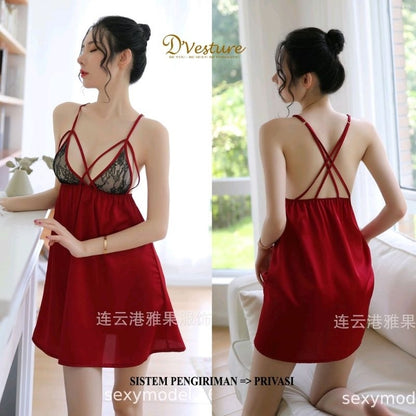 Pekanbaru Lingerie Seksi Set Free Size D-17 Dress Satin Double Cross Tie V Neck Baju Tidur Wanita Baju Dinas Malam Panjang