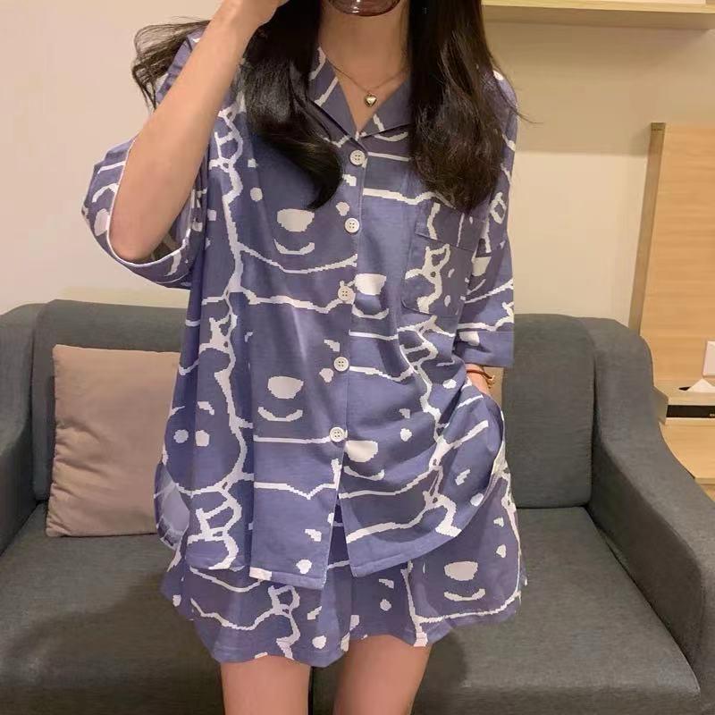 Pekanbaru Baju Tidur Set Kemeja Lengan Pendek Celana Pendek Piyama Setelan Full Pattern Piyama Kancing Depan Unik Motif Lucu Korean Style Sleep Wear Hot Pants Model Shirt