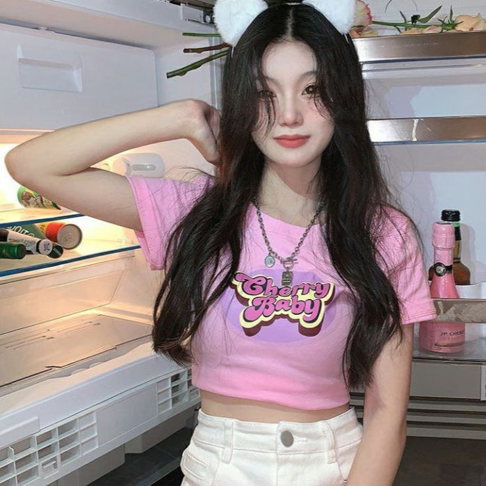 Pekanbaru Crop Top Cherry Baby / Lettering Top Atasan Wanita Hitam Putih Pink Sablon / T-shirt Crop Korean Style