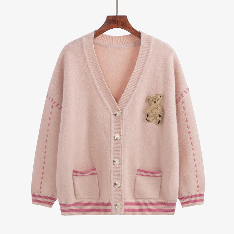 Pekanbaru Cardigan Rajut Bear Putih Pink Oversize Outer Jaket Putih Pink Beruang OOTD Rajut Gingham Knit Kancing Two Tone Korean Style