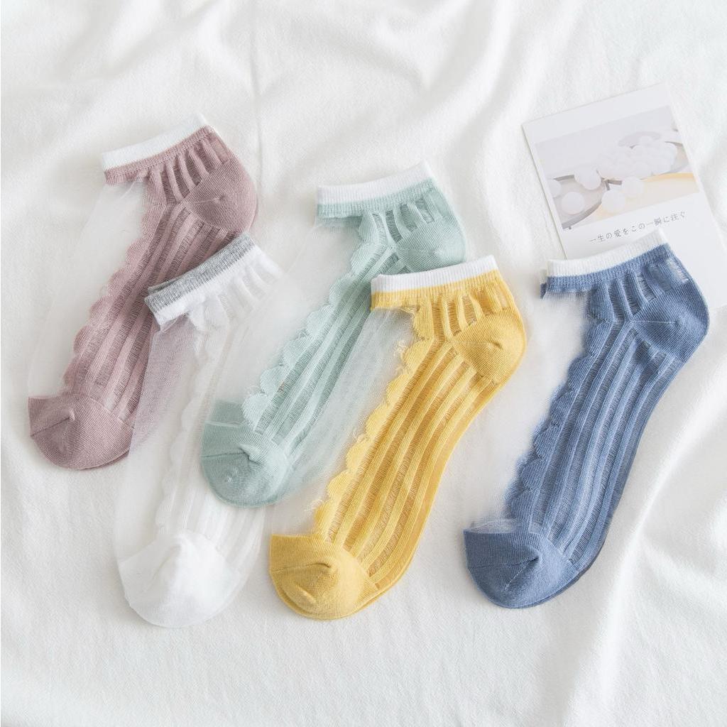 Pekanbaru Kaos Kaki Soft Semi Transparan Women Socks Jaring Kaus Kaki Berkualitas Korean Style Colorful Pastel Renda Aesthetic Clear