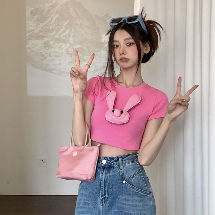 Pekanbaru Kaos Pink Jepitan Kelinci Jelek / Kaos Oversize Crop Top Rabbit Pin / Full Pink Aesthetic Korean Style
