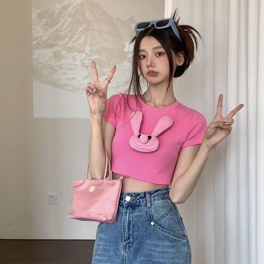Pekanbaru Kaos Pink Jepitan Kelinci Jelek / Kaos Oversize Crop Top Rabbit Pin / Full Pink Aesthetic Korean Style