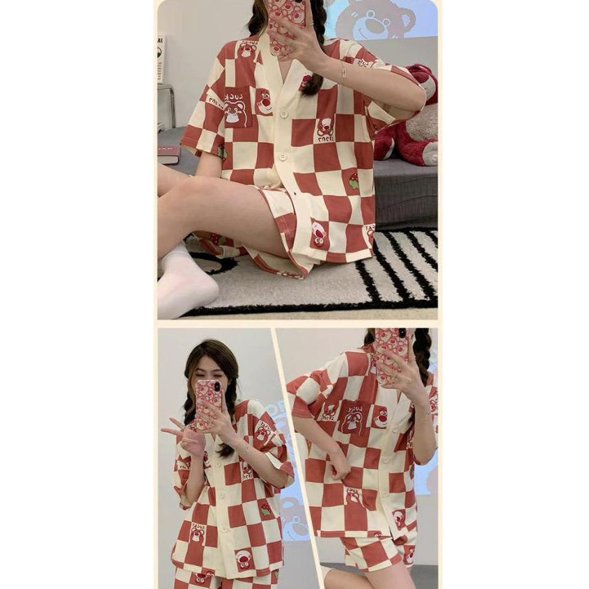 Pekanbaru Baju Tidur Set Kancing Lengan Pendek Celana Pendek Piyama Setelan Full Pattern Lotso Sanrio Awan Bunga Sleep Wear Hot Pants Model Shirt Korean Style