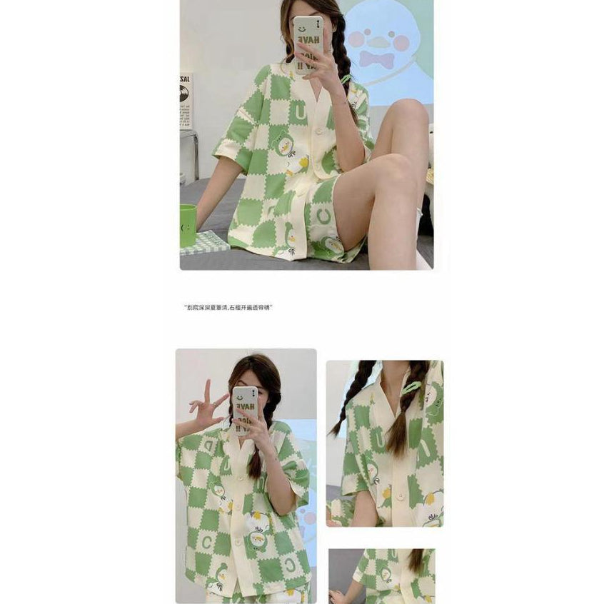 Pekanbaru Baju Tidur Set Kancing Lengan Pendek Celana Pendek Piyama Setelan Full Pattern Lotso Sanrio Awan Bunga Sleep Wear Hot Pants Model Shirt Korean Style