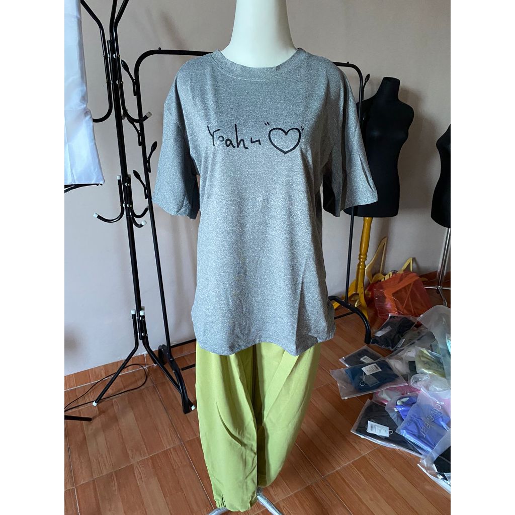 Pekanbaru Setelan Wanita Daily Set One Set Oversize Hijau Hati Love Selebgram Korean Style Baju 1 Set Kaos Celana Karet Lembut Berkualitas
