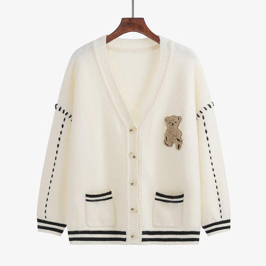 Pekanbaru Cardigan Rajut Bear Putih Pink Oversize Outer Jaket Putih Pink Beruang OOTD Rajut Gingham Knit Kancing Two Tone Korean Style