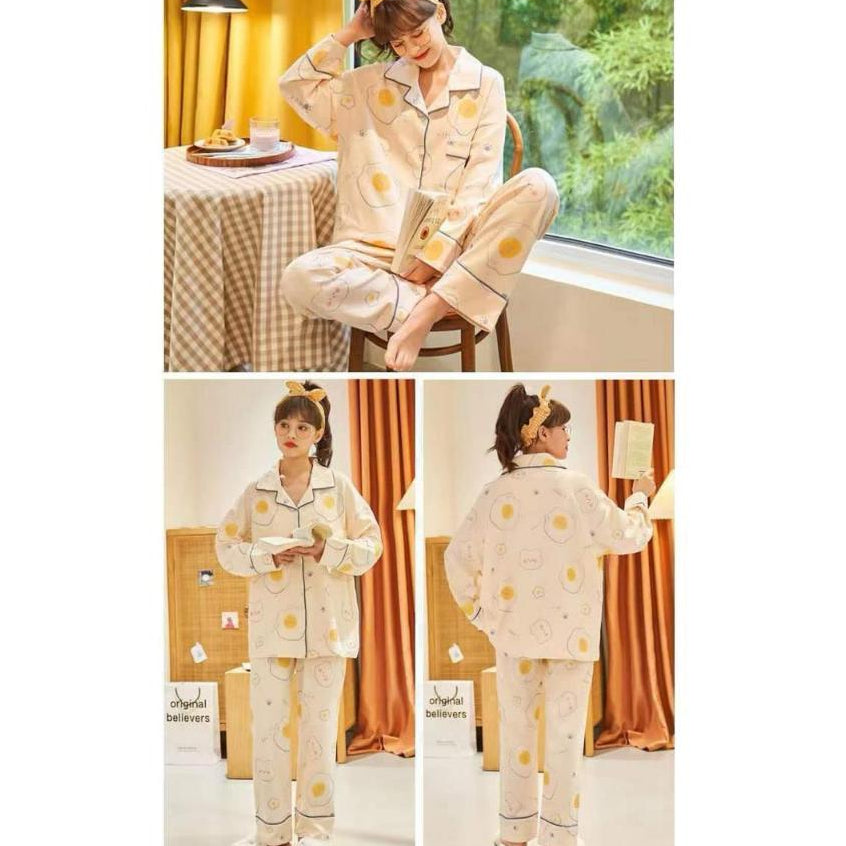 Pekanbaru Baju Tidur Set Kemeja Lengan Panjang Celana Panjang Piyama Setelan Full Pattern Kancing Depan Unik Motif Lucu Korean Style Sleep Wear