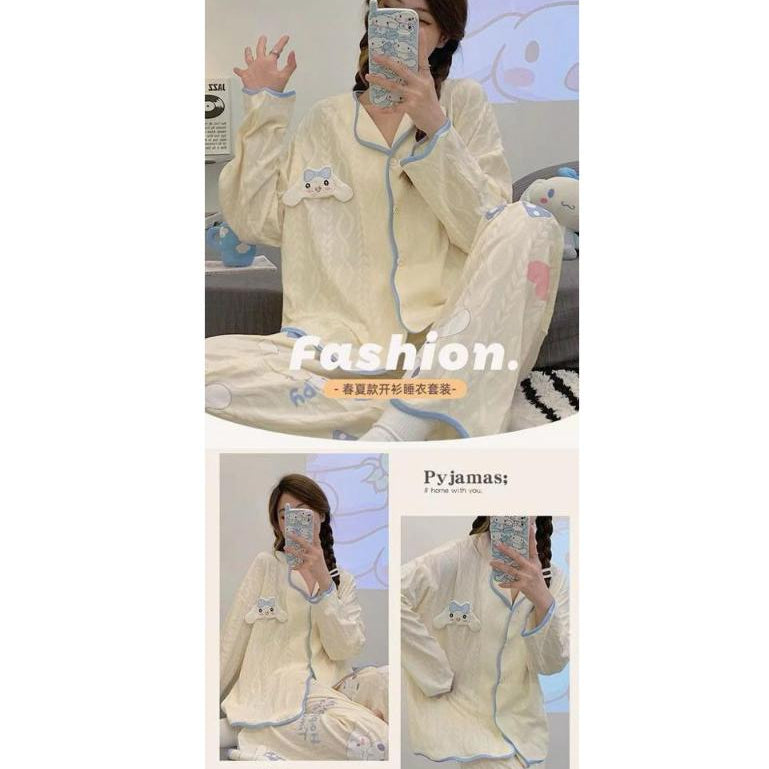 Pekanbaru Baju Tidur Set Kancing Depan Putih Cream Aesthetic Lengan Panjang Celana Panjang Bordir Lucu Unik Cute Pattern Setelan White Sleep Wear Shirt Korean Style