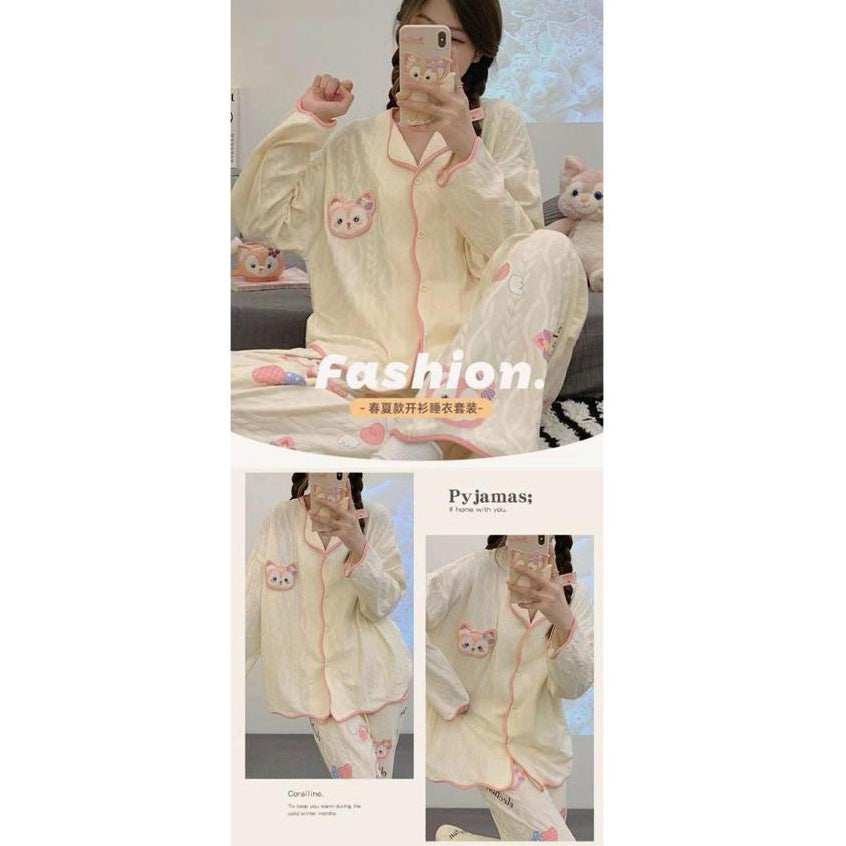 Pekanbaru Baju Tidur Set Kancing Depan Putih Cream Aesthetic Lengan Panjang Celana Panjang Bordir Lucu Unik Cute Pattern Setelan White Sleep Wear Shirt Korean Style