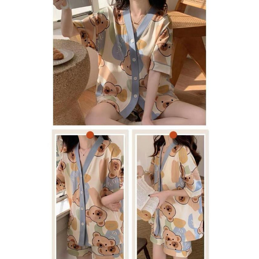 Pekanbaru Baju Tidur Set Kancing Lengan Pendek Celana Pendek Piyama Setelan Full Pattern Lotso Sanrio Awan Bunga Sleep Wear Hot Pants Model Shirt Korean Style
