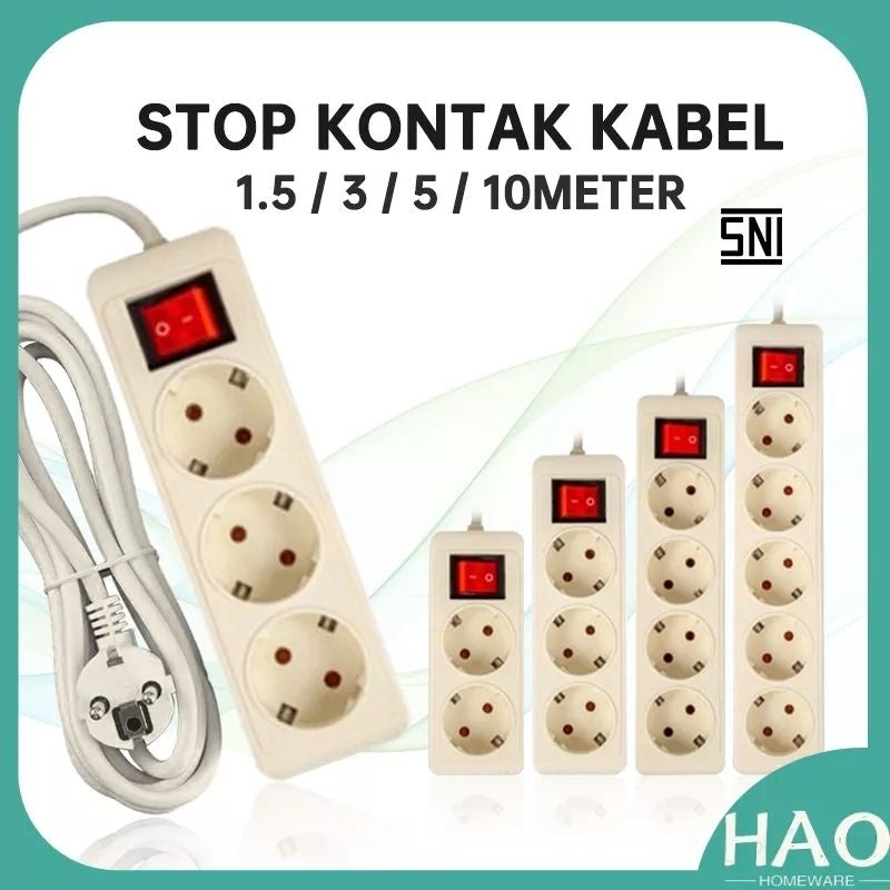 Pekanbaru Stop Kontak + Kabel 2/3/4/5 Lubang 1.5/3/5/10 Meter Sni