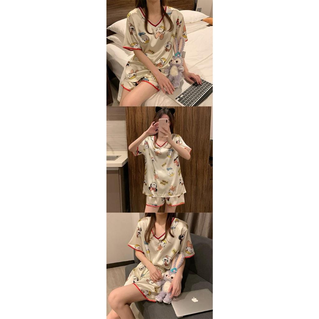 Pekanbaru Baju Tidur Licin Lengan Pendek Celana Pendek Satin Setelan Full Pattern Piyama Cartoon Unik Lucu Korean Style Sleep Wear Hot Pants Kaos Aesthetic