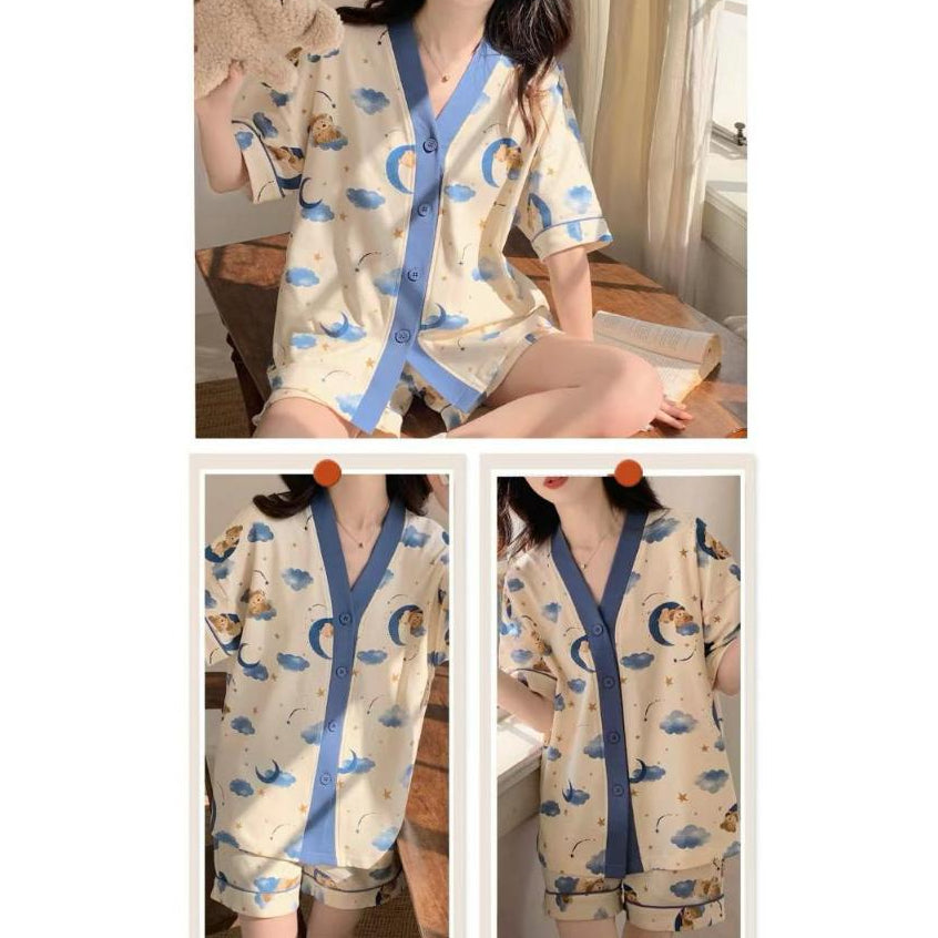 Pekanbaru Baju Tidur Set Kancing Lengan Pendek Celana Pendek Piyama Setelan Full Pattern Lotso Sanrio Awan Bunga Sleep Wear Hot Pants Model Shirt Korean Style