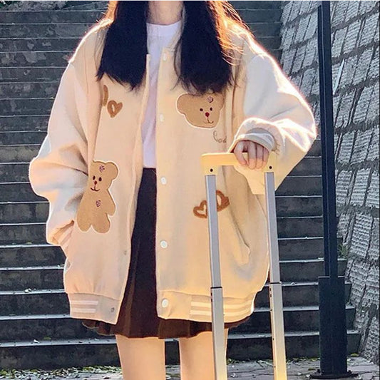 Pekanbaru Jaket Versity Baseball Motif Bear Beruang Two Tone Cream Putih Jacket Varsity Tebal Berkualitas Premium Outer Unik Love Bordir Korean Style