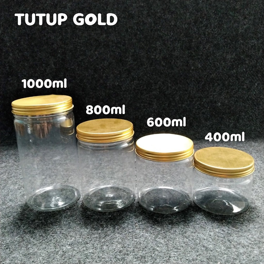 Pekanbaru Toples Plastik Tutup Ulir Aluminium Gold / Silver Berbagai Ukuran (Instan Only)