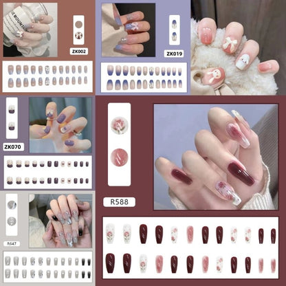 Pekanbaru (24Pcs Free Lem) Kuku Palsu Murah Tahan Air Fashion Nail Art 3D Korea Fake Nails Manicure