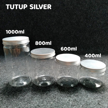 Pekanbaru Toples Plastik Tutup Ulir Aluminium Gold / Silver Berbagai Ukuran (Instan Only)