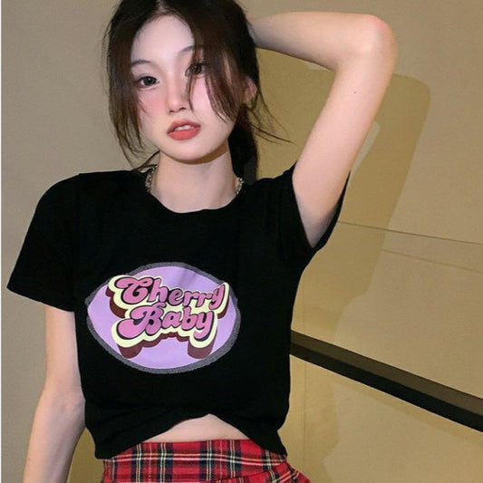 Pekanbaru Crop Top Cherry Baby / Lettering Top Atasan Wanita Hitam Putih Pink Sablon / T-shirt Crop Korean Style