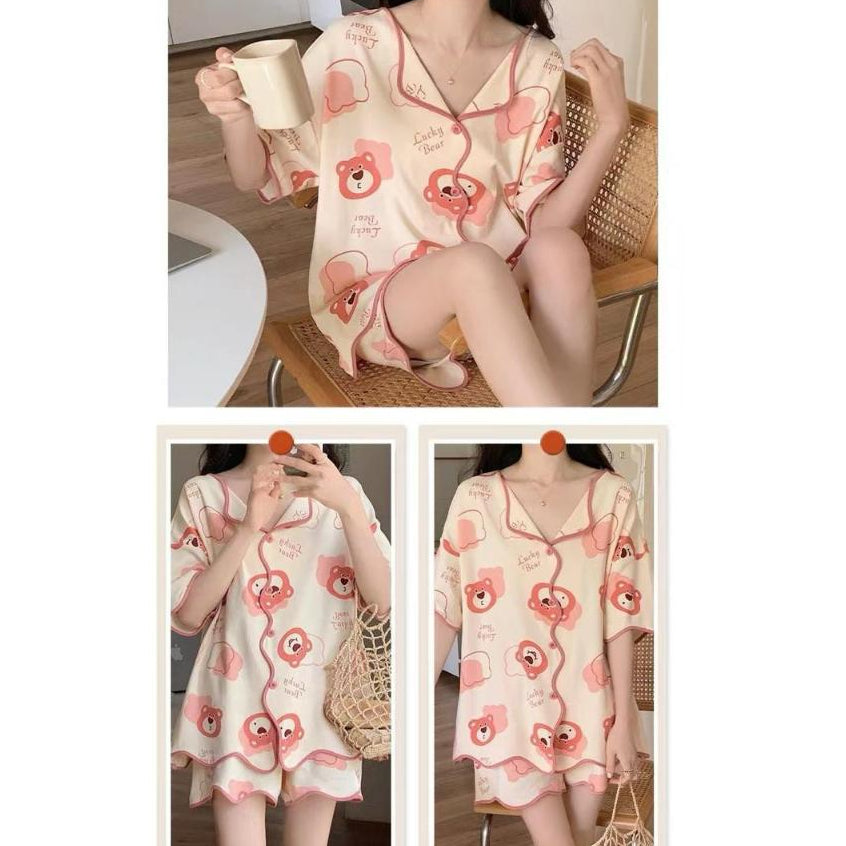 Pekanbaru Baju Tidur Set Kancing Lengan Pendek Celana Pendek Piyama Setelan Full Pattern Lotso Sanrio Awan Bunga Sleep Wear Hot Pants Model Shirt Korean Style