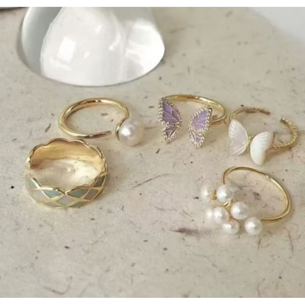Pekanbaru Isi 4/8 Pcs  /Set Cincin Emas Hias Mutiara Gaya  Untuk Wanita