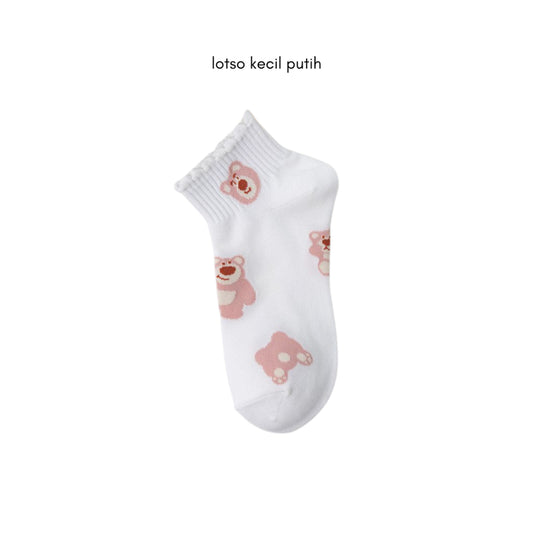 Pekanbaru Kaos Kaki Pendek Lotso Beruang Pink Unik Lucu Cute Short Socks White Full Pattern