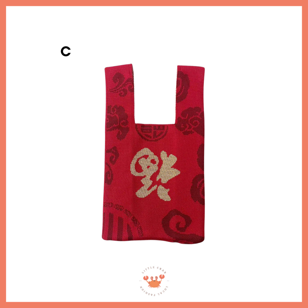 Pekanbaru Tas Rajut Motif CNY Knit Bag Mini Tote Bag Knot Buffalow Merah Tempat Hampers Imlek Unik