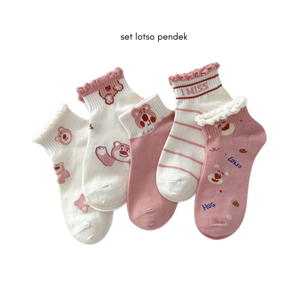 Pekanbaru Kaos Kaki Pendek Lotso Beruang Pink Unik Lucu Cute Short Socks White Full Pattern