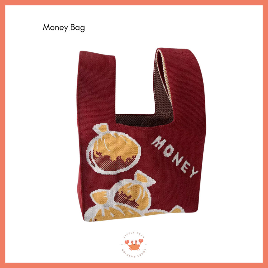 Pekanbaru [bighuat] Tas Rajut Money Motif Uang Fa Cai Mahjong Knit Knot Bag Mini Totebag Bangkok Premium