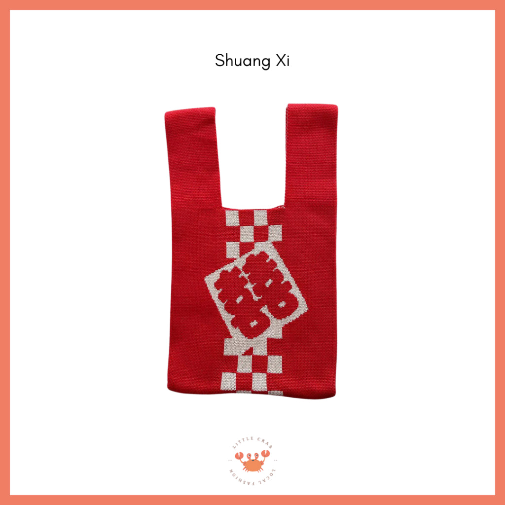 Pekanbaru Tas Rajut Shuang Xi Ji Xiang Ru Yi Merah Cream Knit Bag Mini Tote Bag Knot Buffalow Unik