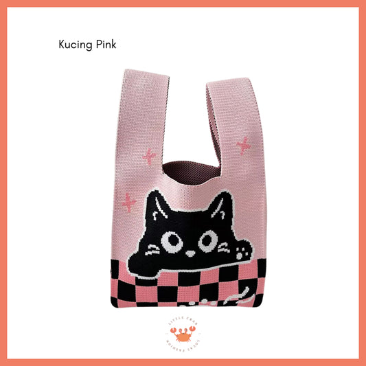 Pekanbaru Tas Rajut Motif Panda Kucing Warna Soft Pastel Lucu Unik Knit Bag Knot Mini Totebag