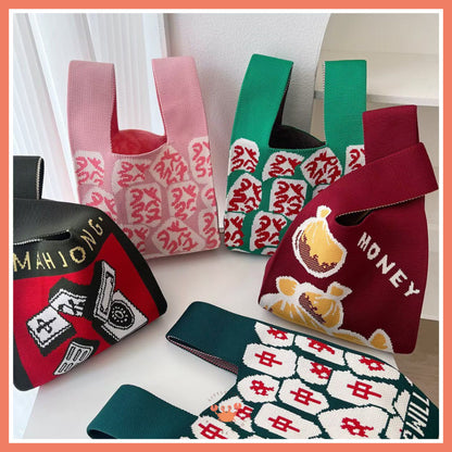 Pekanbaru [bighuat] Tas Rajut Money Motif Uang Fa Cai Mahjong Knit Knot Bag Mini Totebag Bangkok Premium