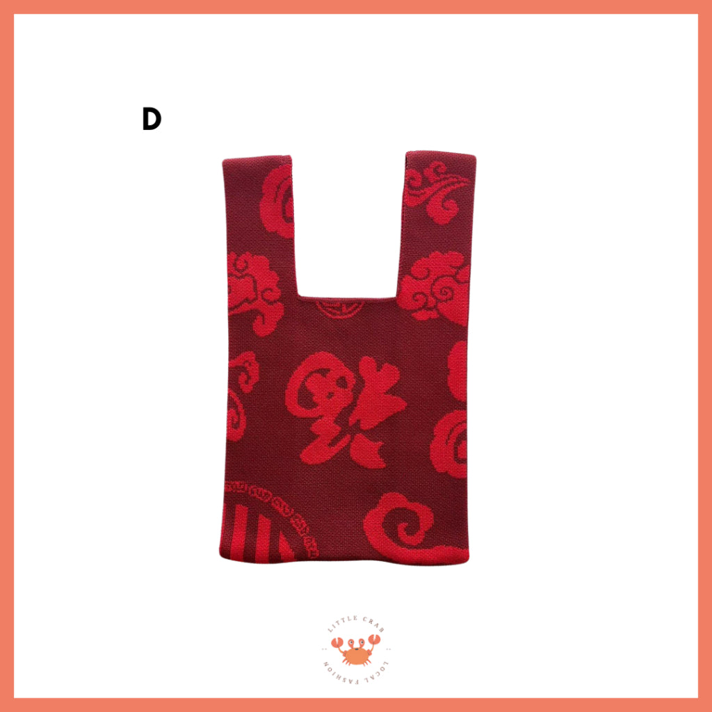 Pekanbaru Tas Rajut Motif CNY Knit Bag Mini Tote Bag Knot Buffalow Merah Tempat Hampers Imlek Unik