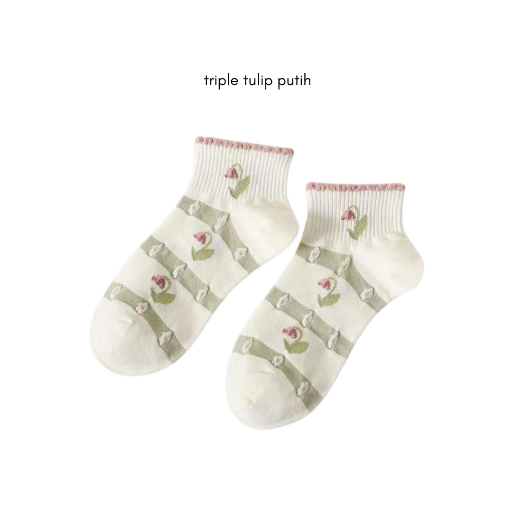 Pekanbaru Kaos Kaki Pendek Motif Flora Bunga Tulip Beruang Rabbit Short Socks Hijau Putih