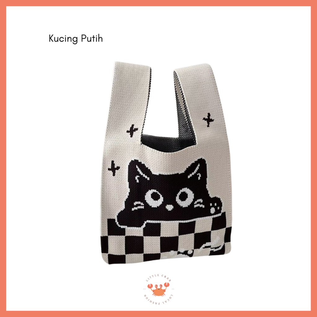 Pekanbaru Tas Rajut Motif Panda Kucing Warna Soft Pastel Lucu Unik Knit Bag Knot Mini Totebag