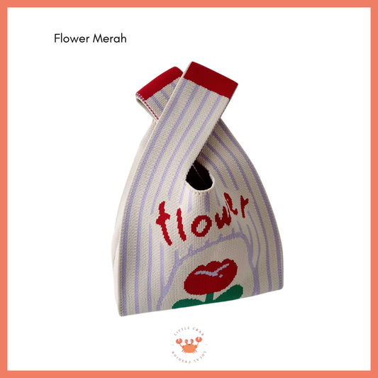 Pekanbaru Tas Rajut Bangkok Motif Bunga Flower Knit Bag Knot Mini Totebag Buffalow Unik Kanvas