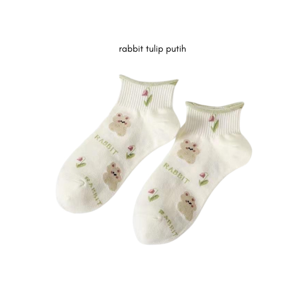 Pekanbaru Kaos Kaki Pendek Motif Flora Bunga Tulip Beruang Rabbit Short Socks Hijau Putih
