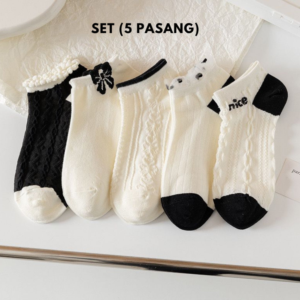 Pekanbaru Kaos Kaki Hitam Putih Pita Pendek Simple Aesthetic Renda Black White Sock Nice Rajut