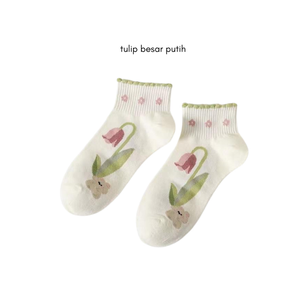 Pekanbaru Kaos Kaki Pendek Motif Flora Bunga Tulip Beruang Rabbit Short Socks Hijau Putih