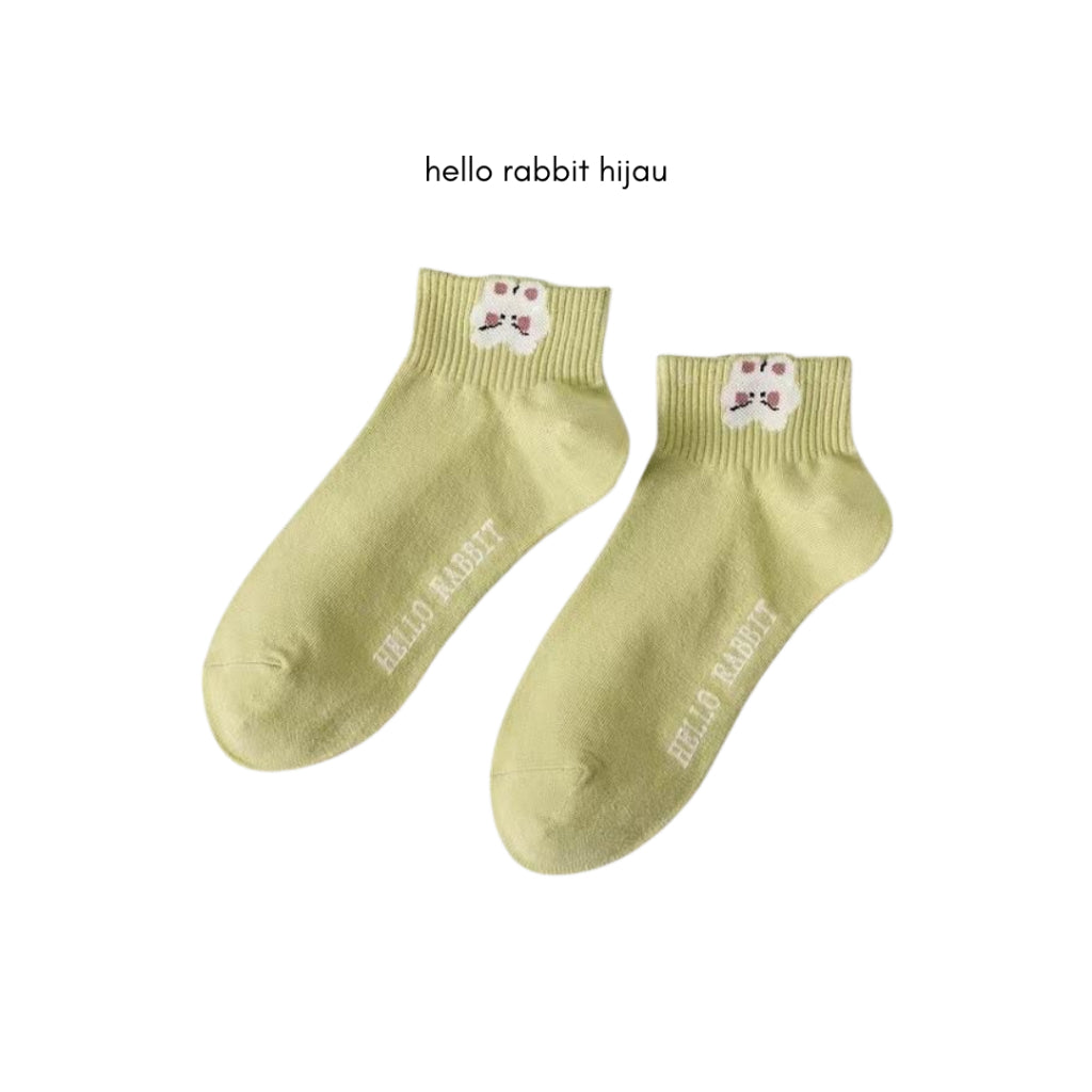 Pekanbaru Kaos Kaki Pendek Motif Flora Bunga Tulip Beruang Rabbit Short Socks Hijau Putih