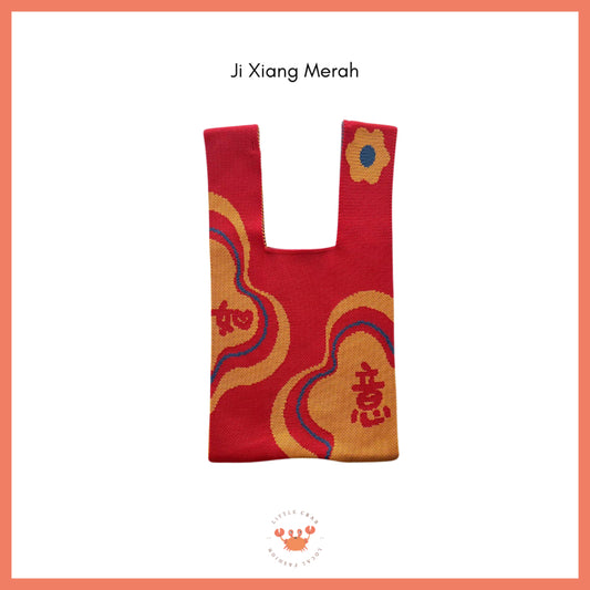 Pekanbaru Tas Rajut Shuang Xi Ji Xiang Ru Yi Merah Cream Knit Bag Mini Tote Bag Knot Buffalow Unik