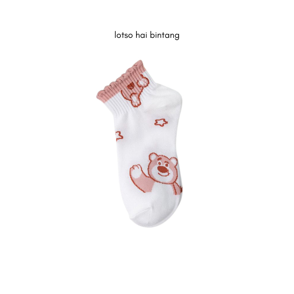 Pekanbaru Kaos Kaki Pendek Lotso Beruang Pink Unik Lucu Cute Short Socks White Full Pattern