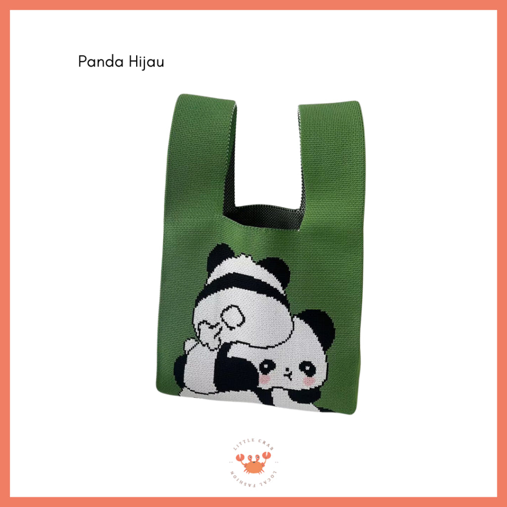 Pekanbaru Tas Rajut Motif Panda Kucing Warna Soft Pastel Lucu Unik Knit Bag Knot Mini Totebag