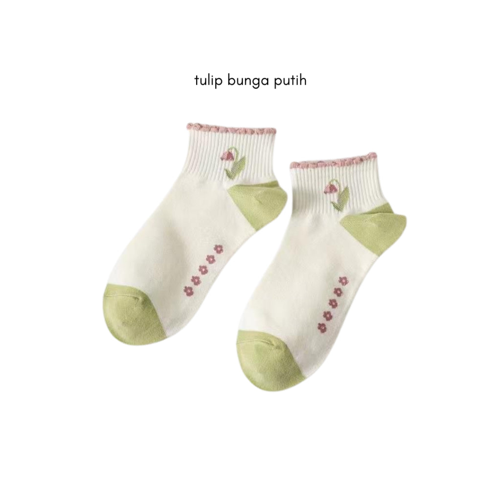 Pekanbaru Kaos Kaki Pendek Motif Flora Bunga Tulip Beruang Rabbit Short Socks Hijau Putih