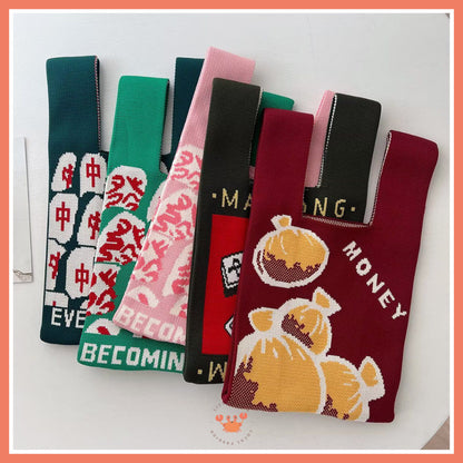 Pekanbaru [bighuat] Tas Rajut Money Motif Uang Fa Cai Mahjong Knit Knot Bag Mini Totebag Bangkok Premium
