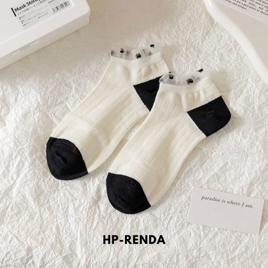Pekanbaru Kaos Kaki Hitam Putih Pita Pendek Simple Aesthetic Renda Black White Sock Nice Rajut