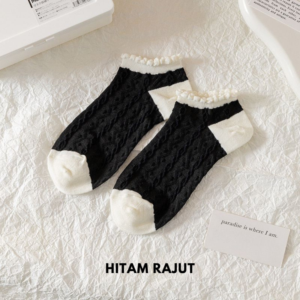 Pekanbaru Kaos Kaki Hitam Putih Pita Pendek Simple Aesthetic Renda Black White Sock Nice Rajut