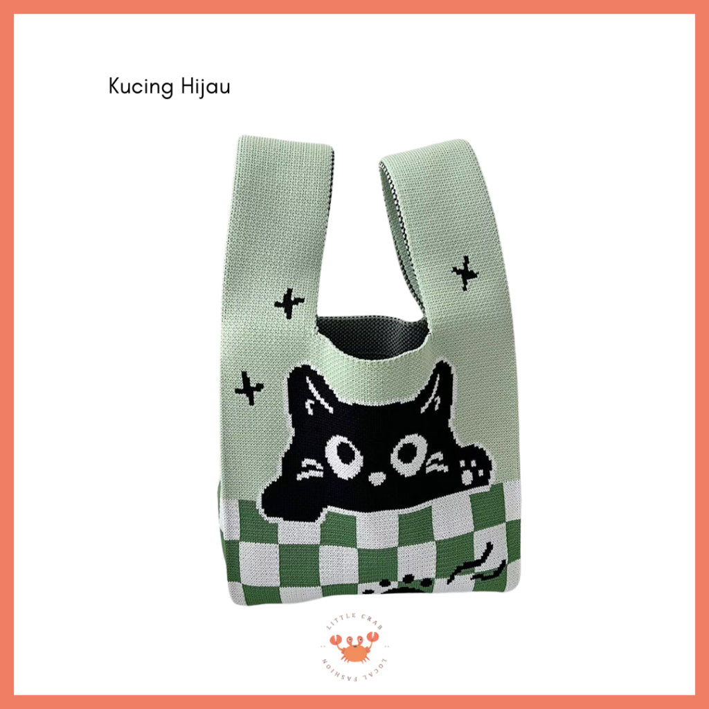Pekanbaru Tas Rajut Motif Panda Kucing Warna Soft Pastel Lucu Unik Knit Bag Knot Mini Totebag