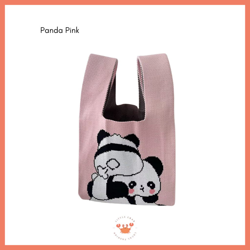 Pekanbaru Tas Rajut Motif Panda Kucing Warna Soft Pastel Lucu Unik Knit Bag Knot Mini Totebag